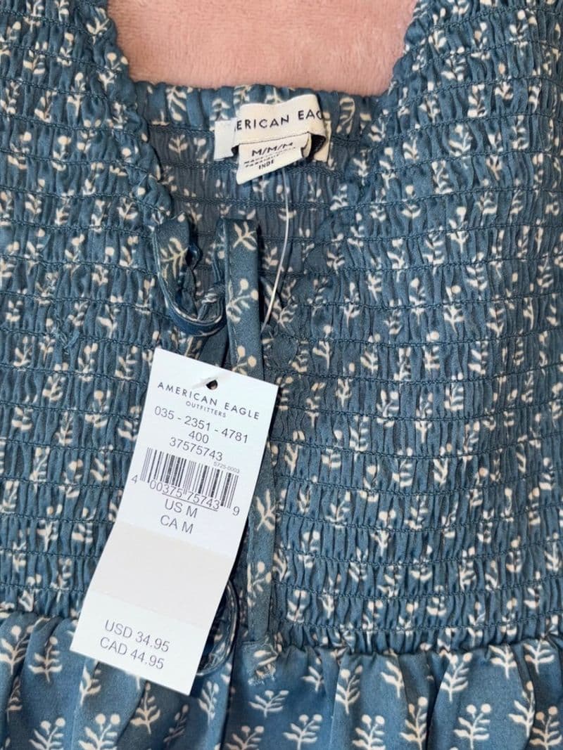 American Eagle Blue Floral Smocked Babydoll Cami Top NWT Medium 035-2351-4781 — photo 1
