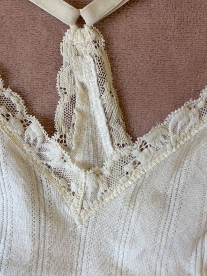 Aerie White Ribbed Pointelle Lace Trim Bodysuit Racerback Small — photo 1