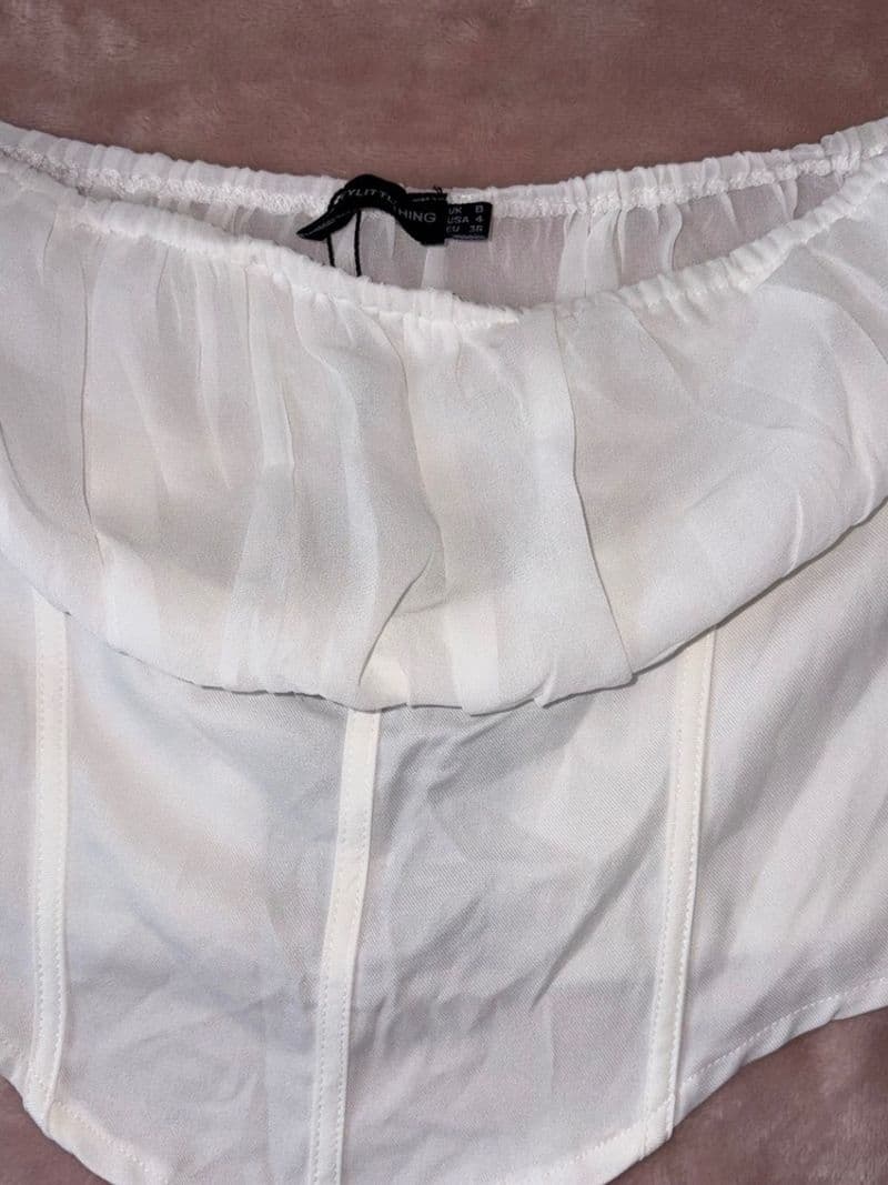 PrettyLittleThing White Chiffon Bardot Binding Panel Crop Top Tie Sleeve US 4 — photo 1