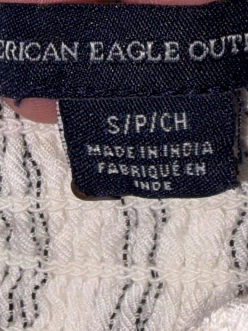 American Eagle White Blue Striped Eyelet Ruffle Smocked Crop Top Small — photo 1