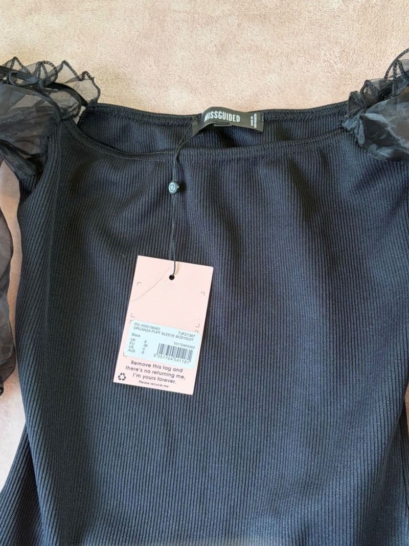 Missguided Black Organza Puff Sleeve Bodysuit Ribbed Thong TJF21387 Womens 4 NEW — photo 1