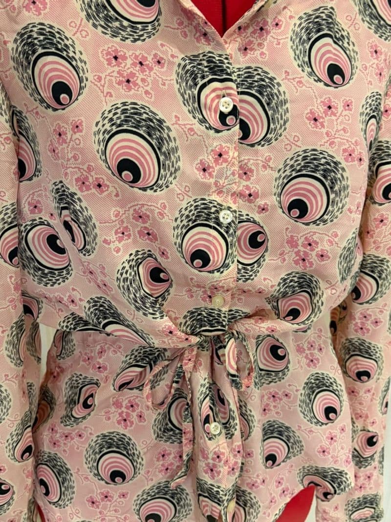 60s Style Pink Psychedelic Peacock Floral Tie Waist Mandarin Collar Size 10 — photo 1