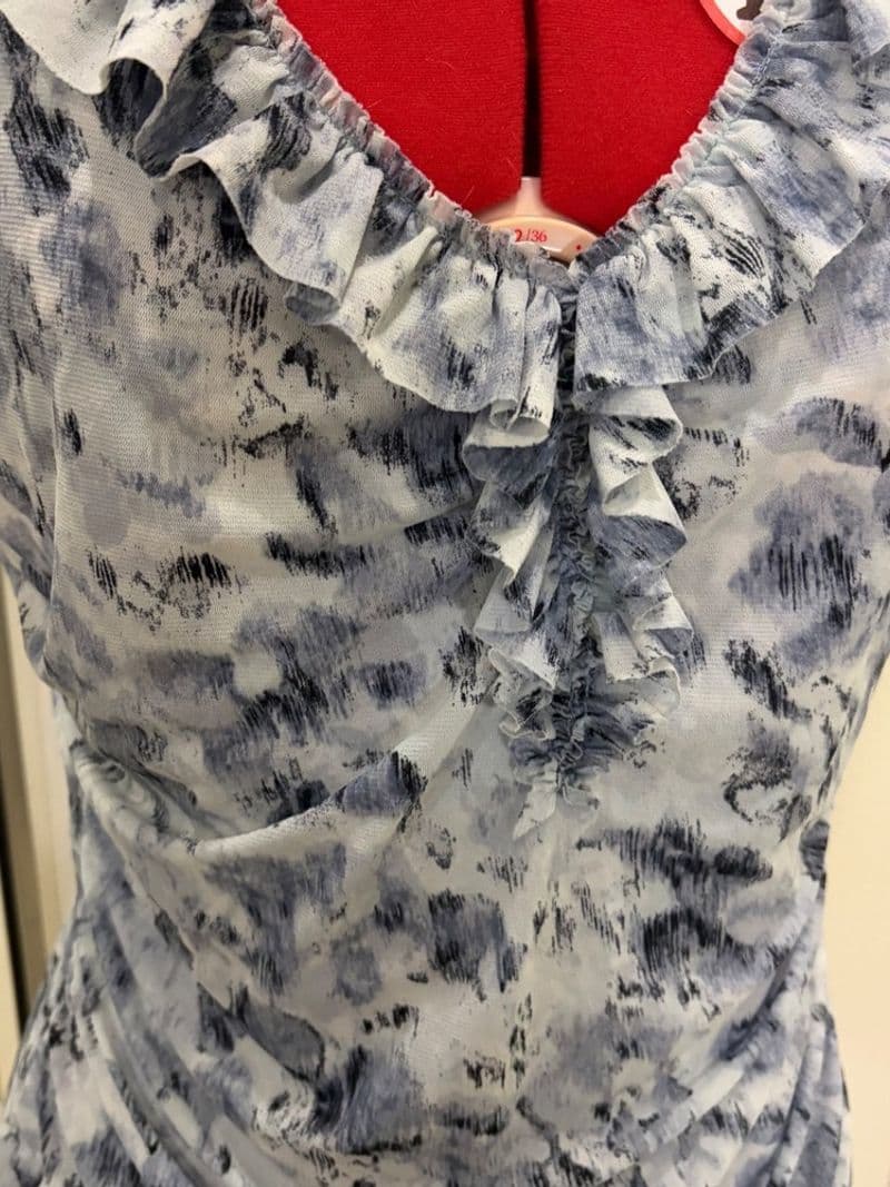Office Siren Abstract Mesh Ruffle V-Neck Sleeveless Ruched Top Large Petite — photo 1