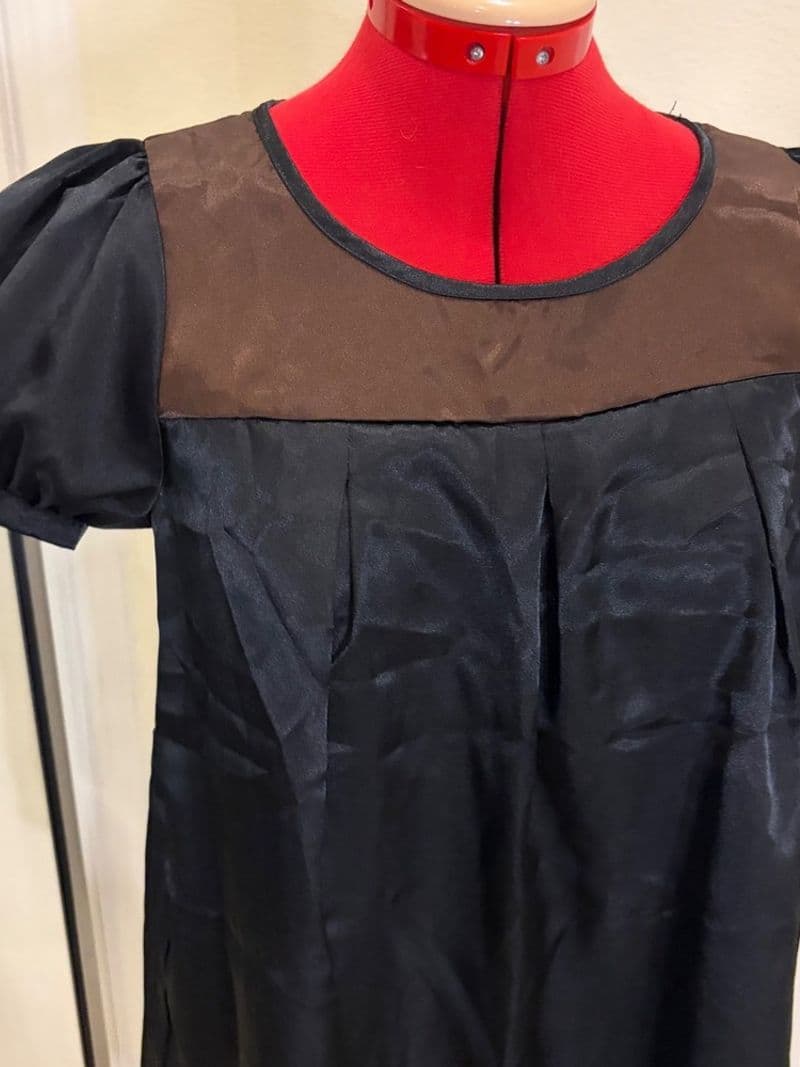 Officecore Babydoll Womens Black Brown Satin Puff Sleeve Blouse Size S — photo 1