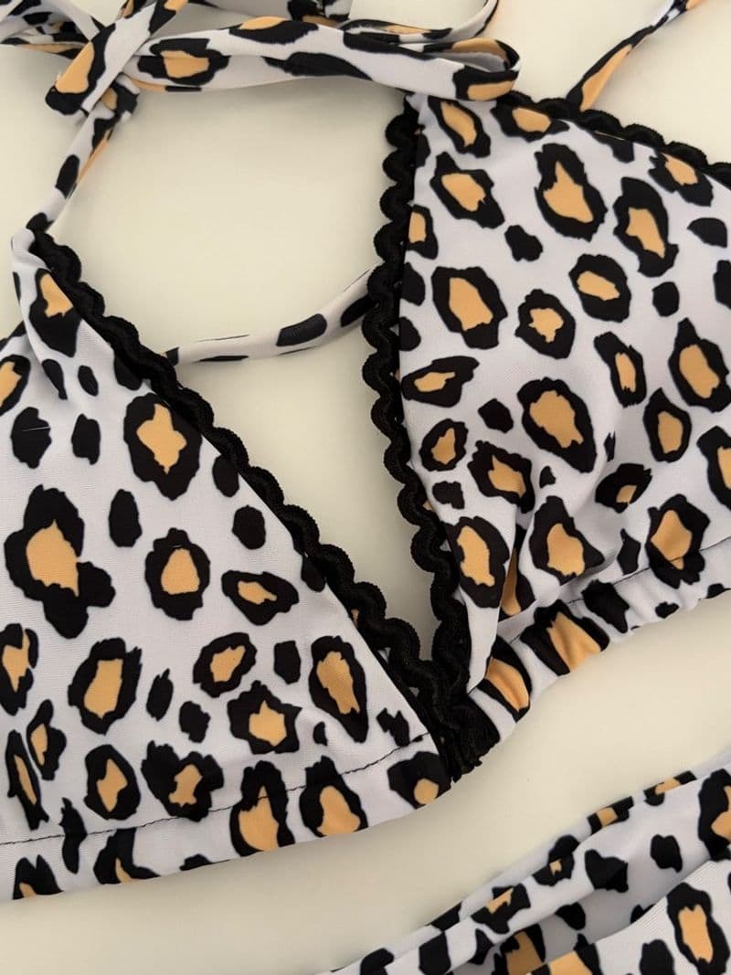 SHEIN Leopard Print Triangle Bikini Set Scallop Trim Side Tie Swimsuit Small — photo 1
