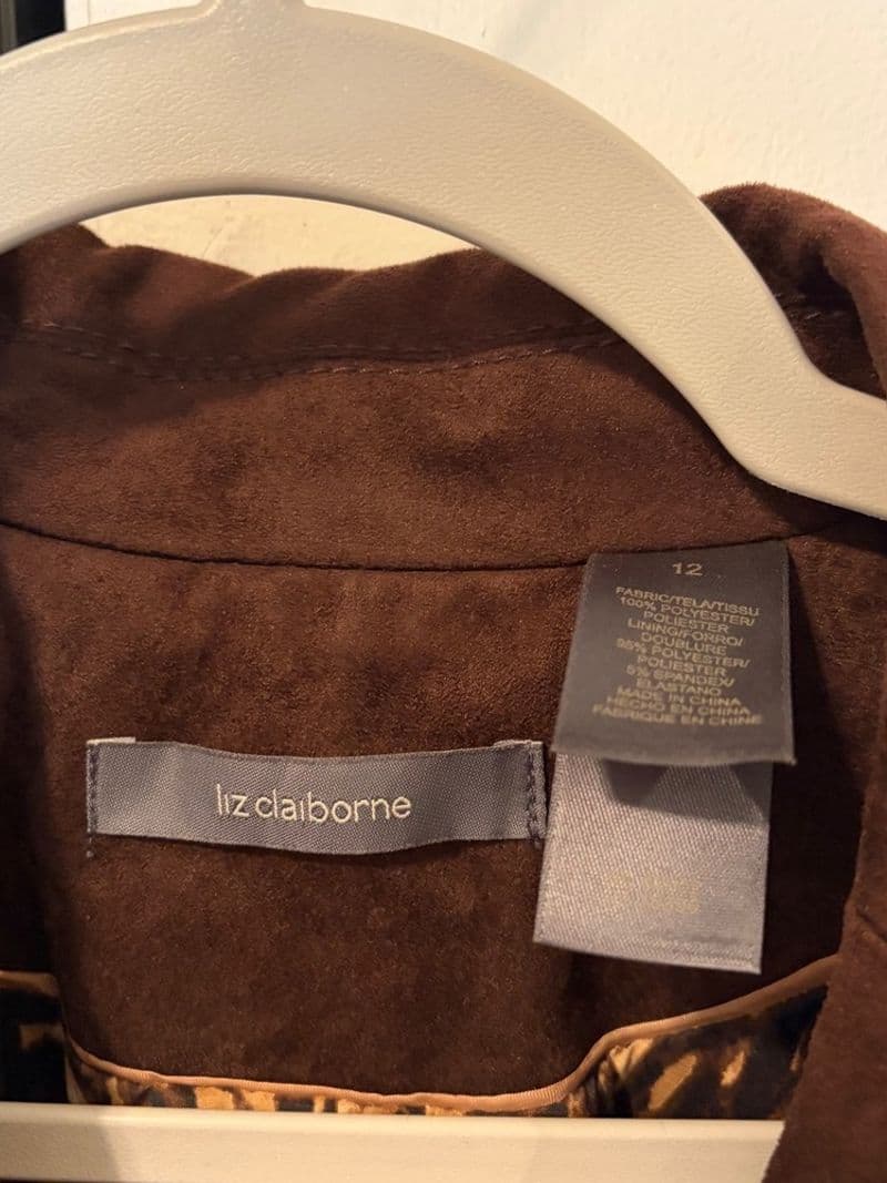 Liz Claiborne Brown Faux Suede Blazer Leopard Print Lining Size 12 Jacket — photo 1