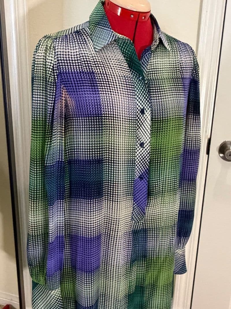 BCBGMAXAZRIA Women Green Purple Geometric Dot 100% Silk Shirt Dress Small — photo 1