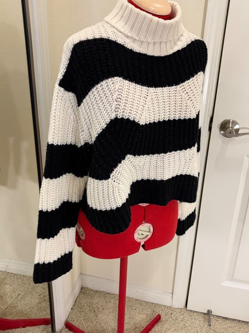 Vale Black White Striped Chunky Knit Turtleneck Wool Blend Cropped Sweater — photo 1