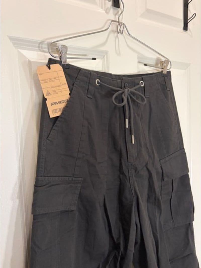 PMGO Mens Cargo Pants Black Drawstring Waist Multiple Pockets Size Large — photo 1