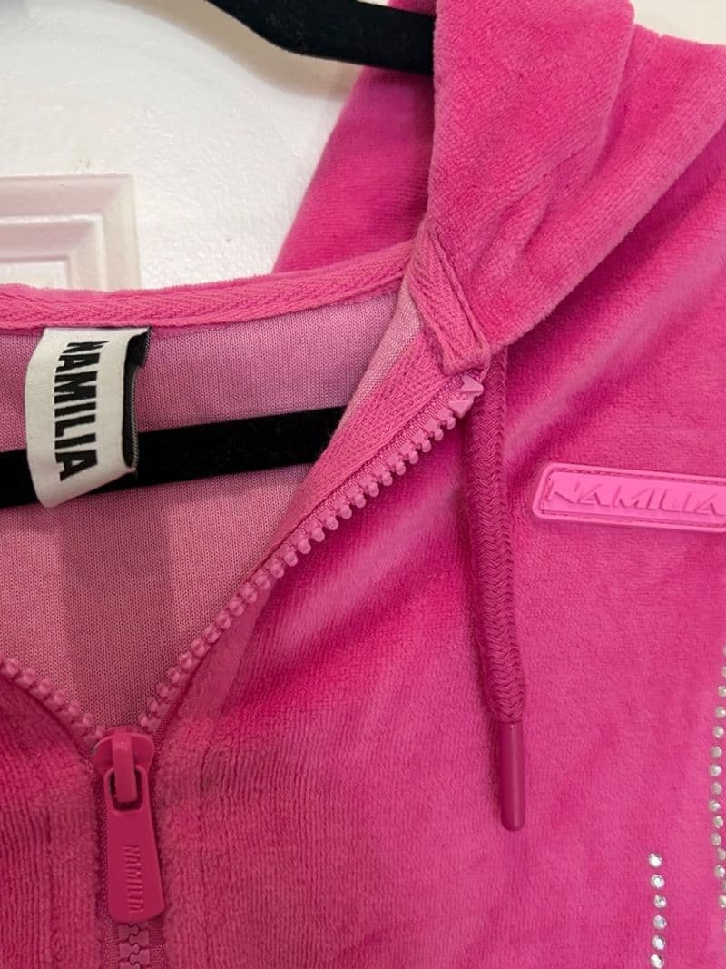 Namilia Pink Velour Rhinestone Flame See U In Hell Zip Up Hoodie Womens Medium — photo 1
