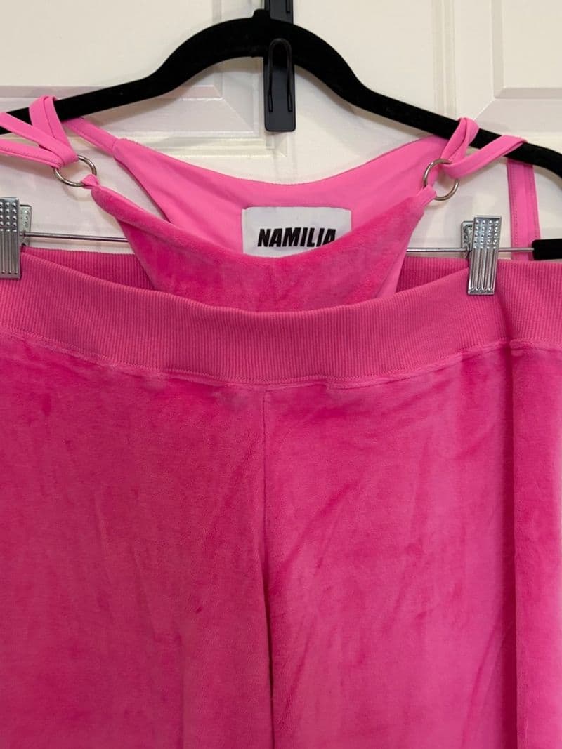 Namilia Pink Velour Rhinestone Flame Bodysuit and Flare Pants Tracksuit Set — photo 1