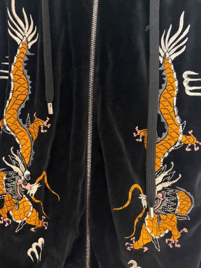 Gucci Black Velvet Dragon Embroidered Web Stripe Zip Up Hoodie Mens Large — photo 1