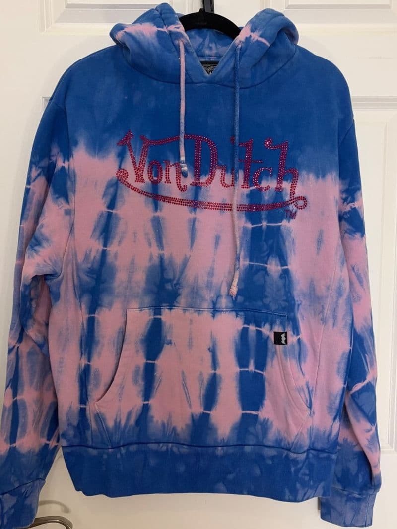 Von Dutch Tie Dye Hoodie Blue Pink Rhinestone Logo Y2K Pullover Small — photo 1