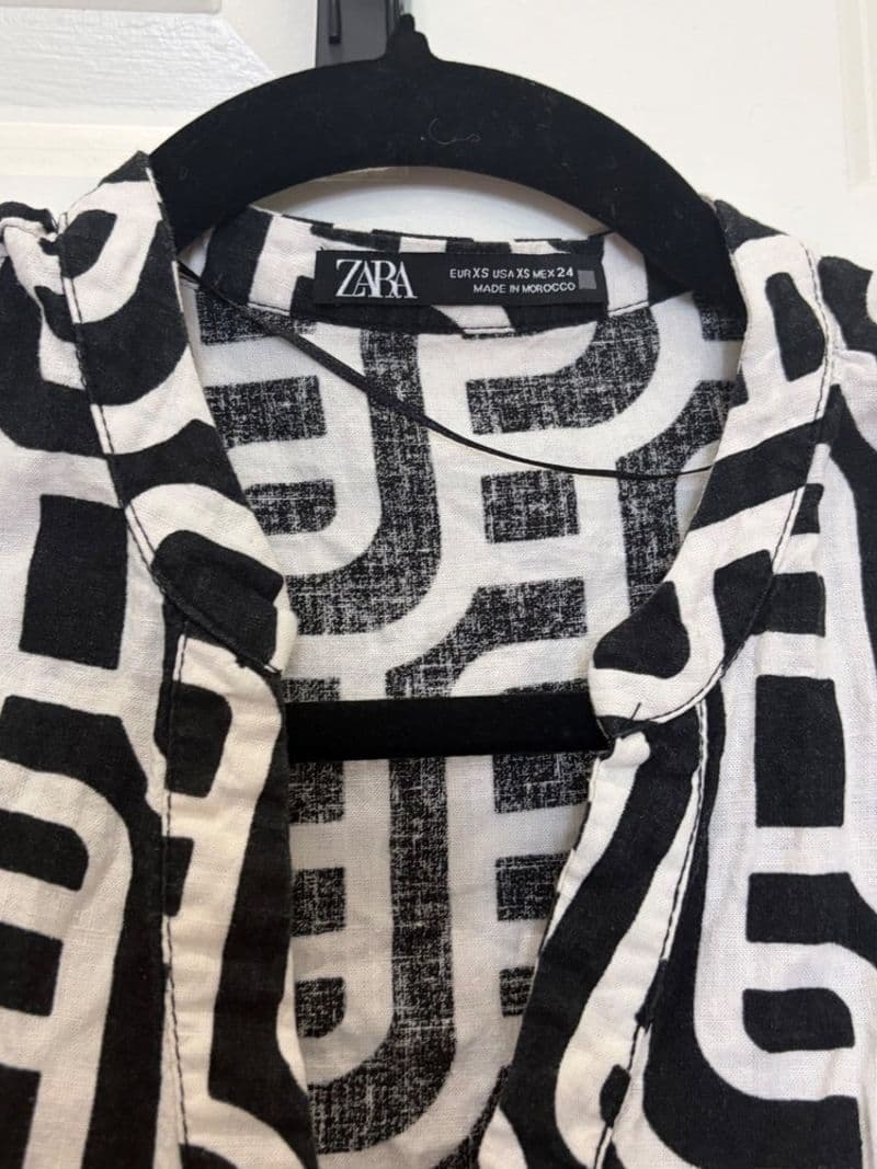 Zara Black White Geometric Print Mini Dress Button Front Tie Waist XS — photo 1